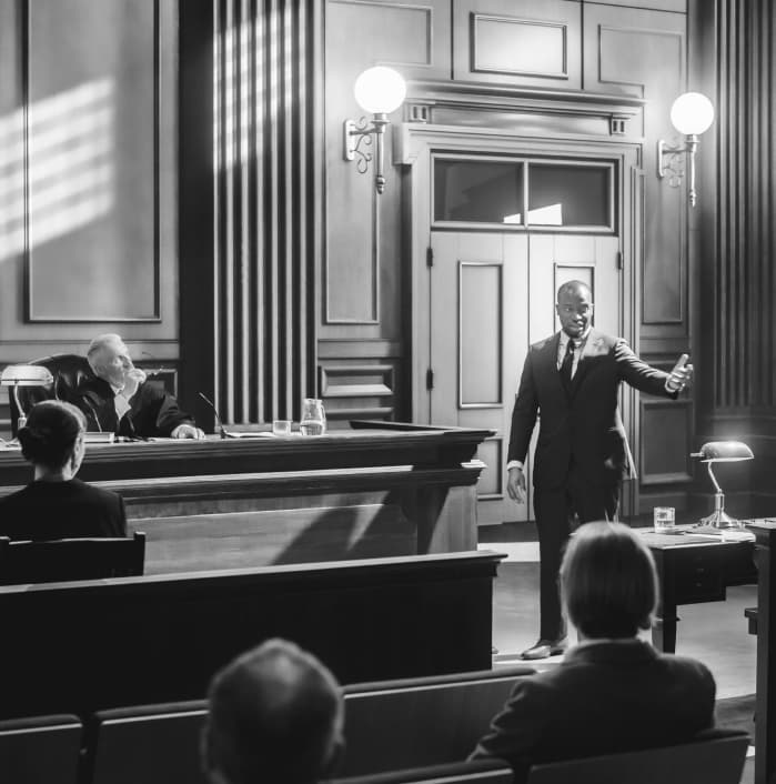 A lawyer addressing a courtroom